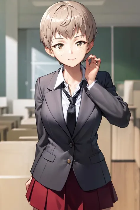 masterpiece, best quality, absurdres, perfect anatomy, 1girl, solo, NaomiGuP, short hair, freckles, grey jacket, saunders school uniform, black necktie, red skirt, dress shirt, smile, standing, <lora:NaomiGuP-06:1>