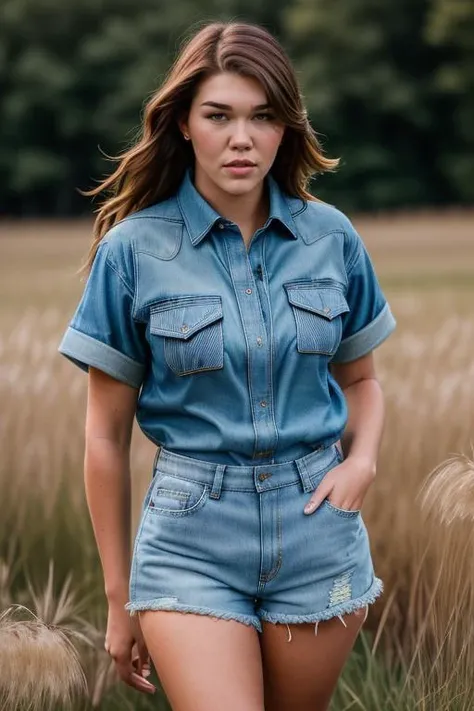 DEN_daisy_taylorMK2,
(walking through a tallgrass meadow wearing (Jean shorts:1.3) and (plaid shirt:1.3), meadow, wild, overgrown, walking,:1.2),
bokeh, f1.4, 40mm, photorealistic, raw, 8k, textured skin, skin pores, intricate details <lora:epi_noiseoffset2:1>, epiCRealism