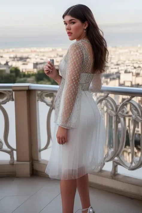 DEN_daisy_taylorMK2,
(standing on a balcony wearing an (elegant outfit:1.3), Paris scene, Eifel tower, balcony railing, balcony, City scape, scenic:1.2),
bokeh, f1.4, 40mm, photorealistic, raw, 8k, textured skin, skin pores, intricate details <lora:epi_noiseoffset2:1>, epiCRealism <lora:ClothingAdjuster3:-1>