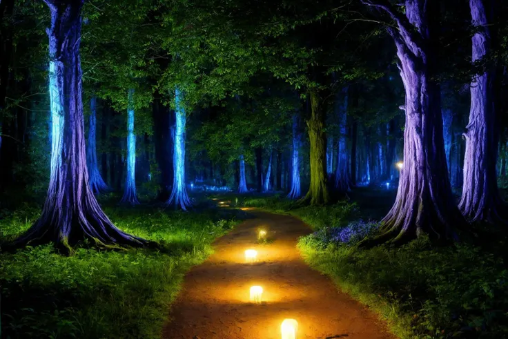 enchanted forest,at night, plants with bioluminescent details,<lora:add_detail:0.5>,stone path going into the distance