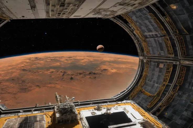 spacestation with the planet mars in the background