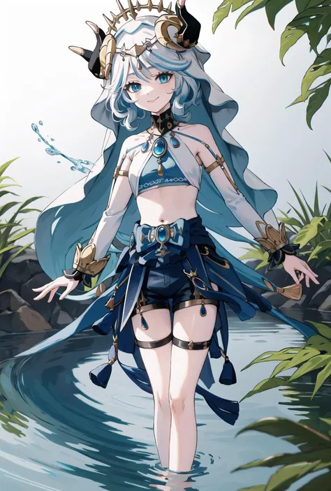 <lora:char-furina:1>, furina, <lora:Nilou Costume:1>, circlet, pelvic curtain, veil, skirt, crop top, puffy long sleeves, harem outfit, fake horns, neck ring, blue gemstone, bare shoulder, bare legs, underwear, solo, 1girl, masterpiece, best quality, standing, smile, open mouth, outdoors, in water, lake, navel, <lora:Better Hands - Envy:1>