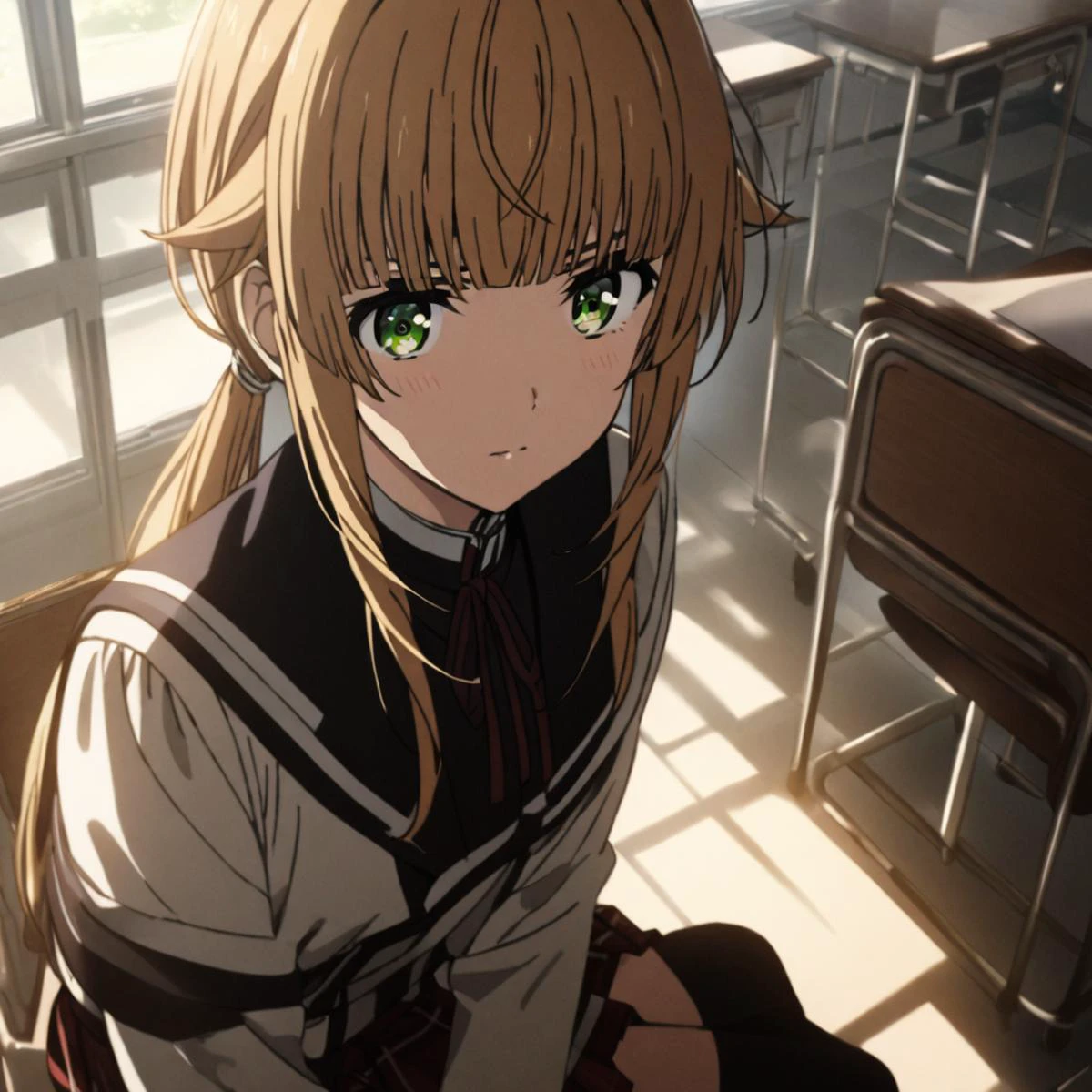 1girl, ((cinematic light)), colorful, hyper detail, dramatic light, intricate details, best quality, (beautiful detailed face, beautiful detailed eyes), high contrast, (best illumination, an extremely delicate and beautiful),(girl:1.5), solo, ,school,classroom,black sailor uniform, norn_greyrat, bangs, blonde hair, long hair, yellow green eyes, ahoge, sidelocks, blunt bangs, hair flaps, low ponytail, one side up, pleated skirt,miniskirt plaid skirt , black shirt,black Over the Knee, black knee-high socks, dynamic angle,beautiful detailed glow,Norn Greyrat,Mushoku Tensei, <lora:norn_greyrat_anime_s2_v2-soralz:1> <lora:Gakkou_SDXL_V1:1>