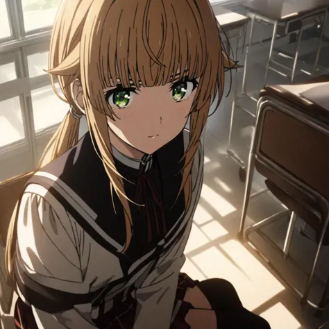 1girl, ((cinematic light)), colorful, hyper detail, dramatic light, intricate details, best quality, (beautiful detailed face, beautiful detailed eyes), high contrast, (best illumination, an extremely delicate and beautiful),(girl:1.5), solo, ,school,classroom,black sailor uniform, norn_greyrat, bangs, blonde hair, long hair, yellow green eyes, ahoge, sidelocks, blunt bangs, hair flaps, low ponytail,  one side up, pleated skirt,miniskirt plaid skirt , black shirt,black Over the Knee,  black knee-high socks, dynamic angle,beautiful detailed glow,Norn Greyrat,Mushoku Tensei,  <lora:norn_greyrat_anime_s2_v2-soralz:1>  <lora:Gakkou_SDXL_V1:1>