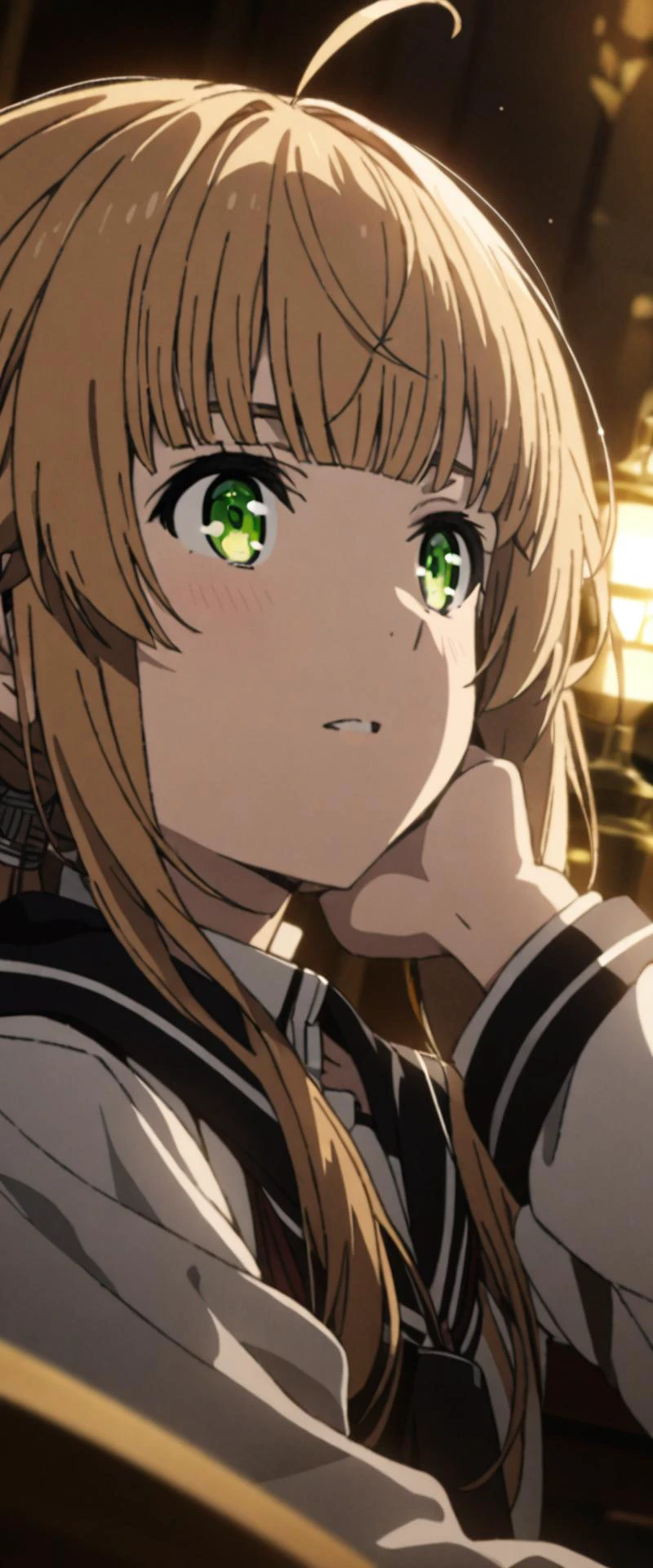 1girl, girl,close-up, ((cinematic light)), colorful, hyper detail, dramatic light, intricate details, best quality, (beautiful detailed face, beautiful detailed eyes), high contrast, (best illumination, an extremely delicate and beautiful),(girl:1.5), solo, night,norn_greyrat, bangs, blonde hair, long hair, yellow green eyes, ahoge, sidelocks, blunt bangs, hair flaps, low ponytail, head rest, hood down, indoors, upperbody,black sailor uniform, dynamic angle,beautiful detailed glow, (detailed In background:1.4),close-up,Blue Archive,littleMushoku Tensei II,Norn Greyrat, <lora:ryokan_SDXL_V1:1> <lora:norn_greyrat_anime_s2_v2-soralz:1>