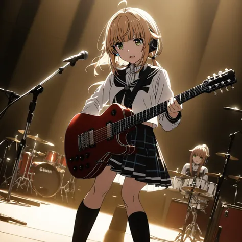 1girl, ((cinematic light)), colorful, hyper detail, dramatic light, intricate details, best quality, (detailed background:1.4), (beautiful detailed face, beautiful detailed eyes), high contrast, (best illumination, an extremely delicate and beautiful),(girl:1.5), solo, black sailor uniform, electric guitar, guitar, headphones, holding, holding plectrum, instrument,music, one side up, norn_greyrat, bangs, blonde hair, long hair, yellow green eyes, ahoge, sidelocks, blunt bangs, hair flaps, low ponytail, girl playing an electric guitar,singing with a guitar on stage,stage lights, pleated skirt,miniskirt plaid skirt , black shirt,black Over the Knee,  black knee-high socks, indoors ((caustic)), dynamic angle,beautiful detailed glow,  one side up, Norn Greyrat, <lora:norn_greyrat_anime_s2_v2-soralz:1>   <lora:studio_SDXL_V1:1>