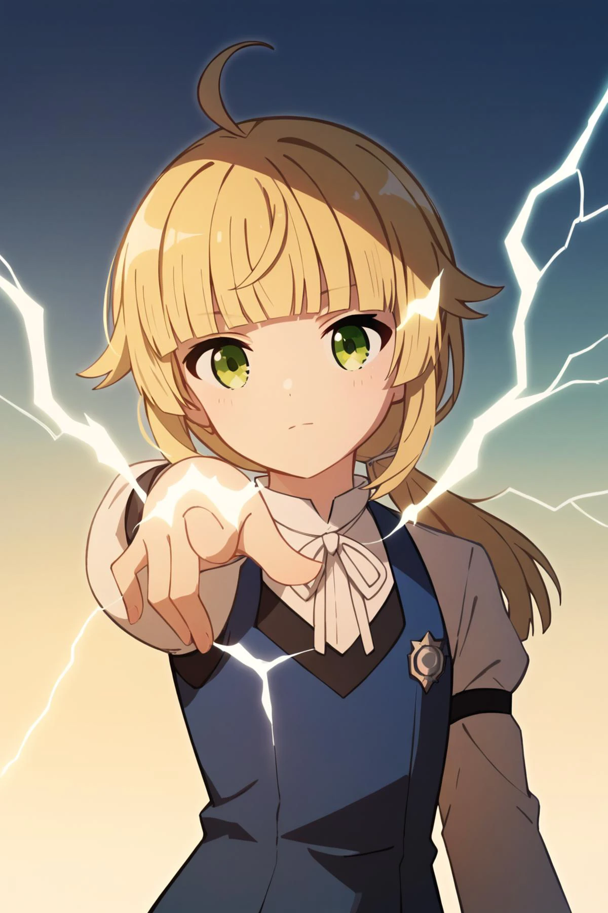 blue dress, white ribbon, white sleeves, long sleeves, white shirt, black shirt<lora:norn_greyrat_anime_s2_v2-soralz:1> norn_greyrat,bangs, blonde hair,long hair,yellow green eyes,ahoge,sidelocks,blunt bangs hair flaps,low ponytail, <lora:Ðоза ÑкзÑваÑÑ Ð¿Ð°Ð»ÑÑем ÑлекÑÑиÑеÑÑво(pointing electricity,electricity from finger):1> pointing electricity,electricity from finger, Score_9, Score_8_up, Score_7_up, Score_6_up, Score_5_up, Score_4_up, BREAK,1girl in full growth, best quality, masterpiece, ultra-detailed, high quality,good quality,1 girl,(master piece,high resolution, ultra detailed,8K,16K),look at viewer