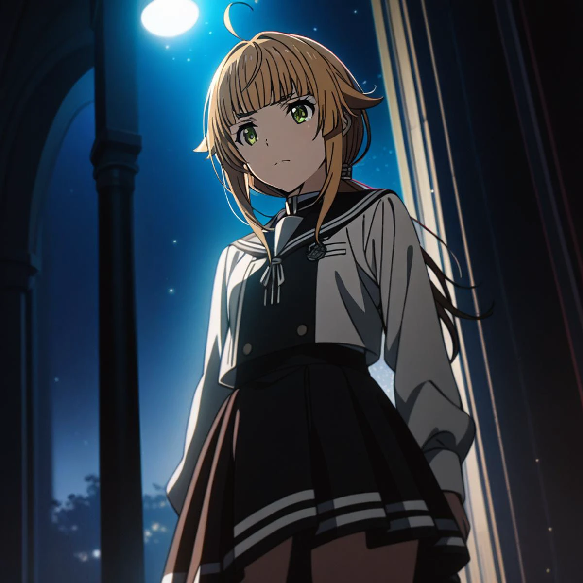 1girl,solo,black sailor uniform, norn_greyrat, bangs, blonde hair, long hair, yellow green eyes, ahoge, sidelocks, blunt bangs, hair flaps, low ponytail, night, ((cinematic light)), colorful, hyper detail, dramatic light, intricate details, best quality, (beautiful detailed face, beautiful detailed eyes), high contrast, (best illumination, an extremely delicate and beautiful),(girl:1.5),miniskirt plaid skirt , pleated skirt, black shirt,black Over the Knee, black knee-high socks, dynamic angle,beautiful detailed glow,cowboy shot, hand on hip, Norn Greyrat,Mushoku Tensei, <lora:norn_greyrat_anime_s2_v2-soralz:1>