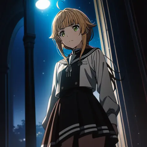 1girl,solo,black sailor uniform, norn_greyrat, bangs, blonde hair, long hair, yellow green eyes, ahoge, sidelocks, blunt bangs, hair flaps, low ponytail, night, ((cinematic light)), colorful, hyper detail, dramatic light, intricate details, best quality, (beautiful detailed face, beautiful detailed eyes), high contrast, (best illumination, an extremely delicate and beautiful),(girl:1.5),miniskirt plaid skirt , pleated skirt, black shirt,black Over the Knee,  black knee-high socks, dynamic angle,beautiful detailed glow,cowboy shot, hand on hip, Norn Greyrat,Mushoku Tensei,  <lora:norn_greyrat_anime_s2_v2-soralz:1>