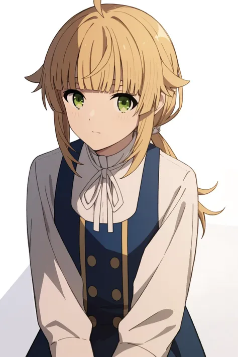 blue dress, white ribbon, white sleeves, long sleeves, white shirt, black shirt <lora:norn_greyrat_anime_s2_v2-soralz:1> norn_greyrat,bangs, blonde hair,long hair,yellow green eyes,ahoge,sidelocks,blunt bangs hair flaps,low ponytail, Score_9, Score_8_up, Score_7_up, Score_6_up, Score_5_up, Score_4_up, BREAK,1girl in full growth, best quality, masterpiece, ultra-detailed, high quality,good quality,1 girl,(master piece,high resolution, ultra detailed,8K,16K),look at viewer