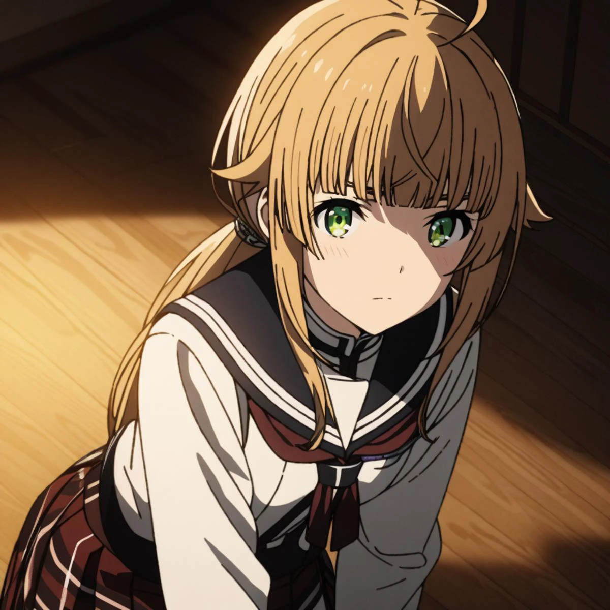 1girl,solo, ,ryokan,wooden floor,black sailor uniform, norn_greyrat, bangs, blonde hair, long hair, yellow green eyes, ahoge, sidelocks, blunt bangs, hair flaps, low ponytail, pleated skirt, ((cinematic light)), colorful, hyper detail, dramatic light, intricate details, best quality, (beautiful detailed face, beautiful detailed eyes), high contrast, (best illumination, an extremely delicate and beautiful),(girl:1.5),miniskirt plaid skirt , black shirt,black Over the Knee, black knee-high socks, dynamic angle,beautiful detailed glow,Norn Greyrat,Mushoku Tensei, <lora:norn_greyrat_anime_s2_v2-soralz:1>