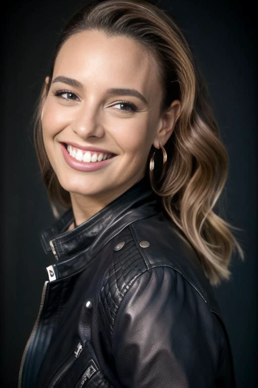 (8k, masterpiece, best quality, solo, sfw), ((yael bar zohar)), (portrait, leather jacket), looking at camera, eyelines, eyeshadows, smile, dark background, <lora:yael_bar_zohar_1.0:0.95>