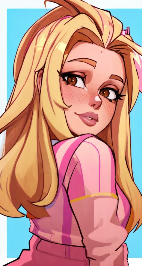 yael bar zohar face, realistic, brown eyes, blond hair, lips, long hair, centered, looking at viewer, wearing Pink shirt, 
masterpiece, professional, two-tone hair, double vertical stripe, naughty face,
closeup, (abandoned:0.9), [cartoon, drawing, anime :realistic, real life, hyper realistic:0.40],
 <lora:yael_bar_zohar_1.0:1>