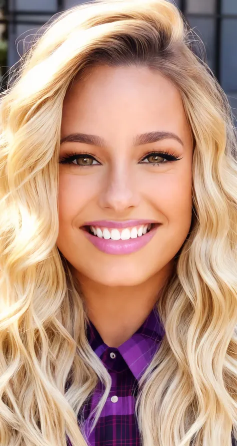 yael bar zohar face, realistic, brown eyes, blond hair, lips, long hair, centered, looking at viewer, wearing Purple shirt, 
masterpiece, professional, blonde hair, plaid / tartan, smile,
closeup, (shiny:0.9),
 <lora:yael_bar_zohar_1.0:1>