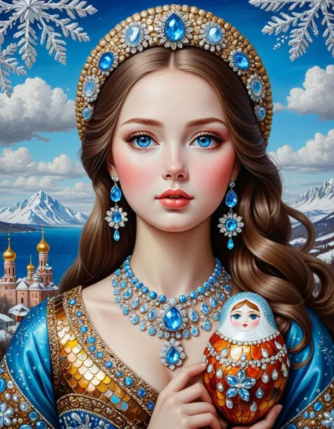 a very beautiful background With glittery colored stones With a very large shell, And with the large shell there is a very beautiful Russian doll sitting on it,
And the Russian doll has very beautiful real long brown hair,
With the snowflake of Russia,
And the Russian doll wears a very pretty shell necklace,
And the subordinates are also adorned with beautiful glittery colored stones
oil painting, face blue eyes, digital art, monochrome, solo, sky, monochrome