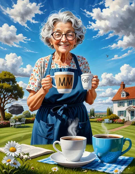 Giant cup of coffee with a vintage stand on the lawn, a real crazy old granny with a fat nose and round glasses and messy gray hair, a sincere smile on her face, full body, hand sticking out, bathing in a giant cup of black coffee with the words (('MMM CAFÉ')), wet oil sketches on canvas, beautiful blue sky with clouds and sun, underground lawn with flowers all around.
oil painting, face blue eyes, digital art, monochrome, solo,   sky,