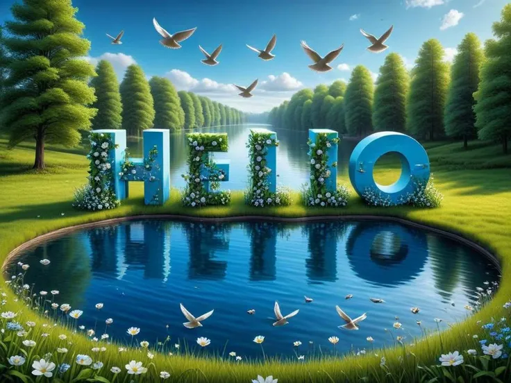 A realistic image of a word spelling out in a 3d nature typography ((('HELLO'))). The backdrop features a stunning blue sky that is reflected beautifully on the surface of the lake, with birds flying above and trees adorned with small flowers and leaves. The surrounding grass is neon green, enhancing the vibrant and picturesque setting.
oil painting, digital art, monochrome, solo, sky,
<lora:DANGUBA:1>