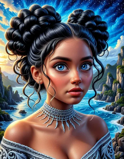 quirky, Bam bam stone rock girl in hand with black caveman bun, with long wavy, detailed hair with braid, facial expression, scaly, full view. Disney, Fantasy, Cartoon, the background is a very beautiful mixed, shines until the glitter is the background.
oil painting, face blue eyes, digital art, monochrome, solo, sky, monochrome
<lora:DANGUBA:1>