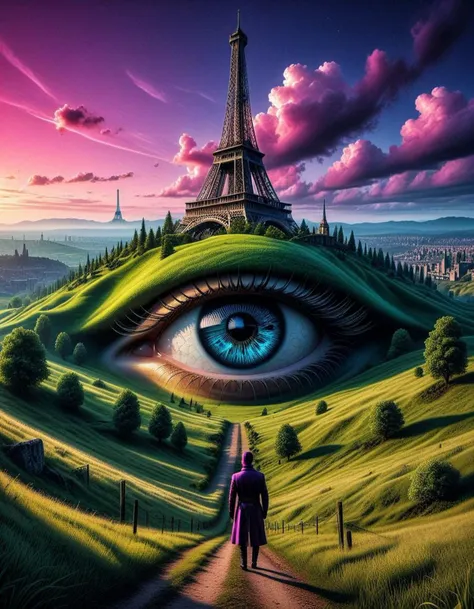 neonpunk style A captivating 3D rendering of a serene grassy field, with a surreal and eerie touch. Two large human eyes, superimposed, look at the sky, creating an atmosphere that is both disturbing and intriguing. In the distance, an old ruined tower eiffel monument with a pointed tower looms menacingly, casting a long shadow over the landscape. The scene exudes a feeling of mystery and the supernatural, drawing the viewer into its enigmatic world.., 3d render, photo,digital art, monochrome, solo, sky, color ,double exposure,oil painting.
<lora:DANGUBA:1> . cyberpunk, vaporwave, neon, vibes, vibrant, stunningly beautiful, crisp, detailed, sleek, ultramodern, magenta highlights, dark purple shadows, high contrast, cinematic, ultra detailed, intricate, professional