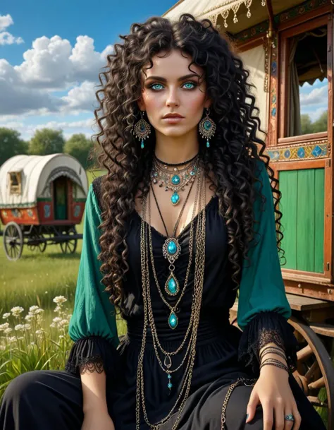 Woman, gypsy origin, black long curly wild hair, green eyes, clothes in boho gothic style, she has crystals, chains around her neck and on her ears. She sits on a step of a gypsy caravan that stands wild and federal in a meadow, 3D, ultrarealism, photorealistic, whimsical, gothic make-up
oil painting, face blue eyes, digital art, monochrome, solo,   sky,