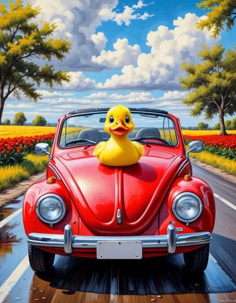 a cute little yellow duck sitting on the open cover of a red VW bug convertible; oil painting
oil painting, face blue eyes, digital art, monochrome, solo, sky,