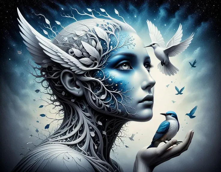 A mesmerizing watercolor portrait of a captivating hybrid creature, masterfully blending the charm of a man and the grace of a bird. The enchanting creature's sparkling eyes and mysterious character exude a dark surrealism, drawing the viewer into its mystical realm. A dreamy, ethereal off-white backdrop allows nature to take center stage, as the creature's unique style shines brilliantly. This spellbinding artwork masterfully combines dark fantasy, painting, illustration, and anime elements, drawing inspiration from the styles of Damien Hirst, Quentin Blake, Alberto Vargas, and Zdzislaw Beksinski. The gentle and neutral ambiance, accentuated by intricate details, a 3D render, and Ukiyo-e influences, transports the viewer into a magical, enchanting world., painting, ukiyo-e, illustration,digital art, monochrome, solo,   sky, color ,double exposure,oil painting.
<lora:DANGUBA:1>