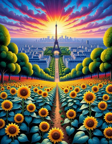 landscape of a paris from inside of a Sunflower patch, at Dusk, cartoon art, vibrant art by Paul Corfield, rich color, comics, enchanted, dynamic, shiny, ambient background, highly detail, rich vivid colors, dynamic dramatic beautiful full taking, glowing, digital art, monochrome, solo, sky, color,oil painting.
<lora:DANGUBA:1>