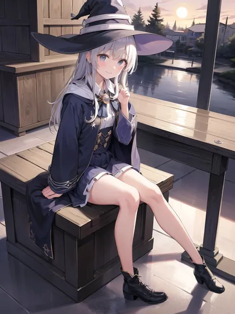 masterpiece,1girl,solo,elaina,
(darkblue style costume, majo costume, witch hat, brooch:1.6),
small breasts,
light smile, holding knees
bull body,bottom-up perspective,
outdoor, clock tower, night, moon
white dress,blue ribbon, boots
<lora:majoNoTabitabiElaina_v30:0.3>,
peaceful, serene, quiet, tranquil, remote, secluded, resourcefulness, observation, adaptability, creativity, imagination, artistry, awe, inspiration, wonder, gratitude, appreciation, relaxation, enjoyment, rejuvenation, mindfulness, awareness, connection, harmony, balance,
texture, detail, realism, depth, perspective, composition, color, light, shadow, reflection, refraction, tone, contrast, foreground, middle ground, background, naturalistic, figurative, representational, impressionistic, expressionistic, abstract, innovative, experimental, unique