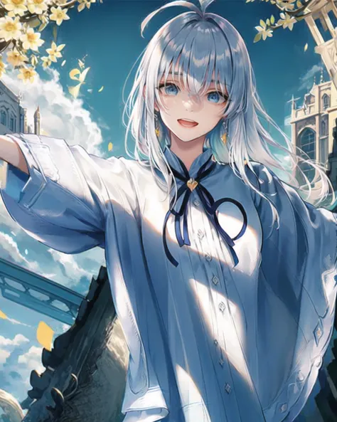(cowboy shot:2),((model shot style)),intricate elegant, (highly detailed),sharp focus,((masterpiece,best quality,detailed)), 4k,8k,higres, (solo:2),(front:2),elaina, majo no tabitabi,small breasts, white hair, ahoge, long hair, braid,
white_style_costume ,daily_costume,brooch,blue eyes, :D , (High Detail,High Face Detail,High eyes Detail ) , sunshine, sunlight dapple, (natural light),((detailed)),((Mottled light and shadow,warm light )),detailed eye texture,detailed eyes, detailed face ,