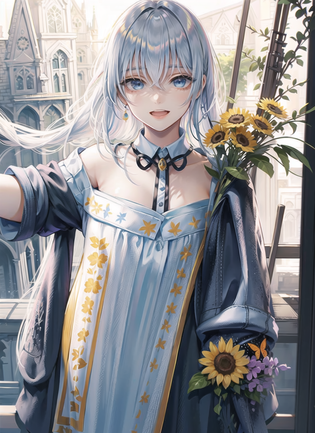 Anime girl with blue hair and blue dress holding a flower - SeaArt AI