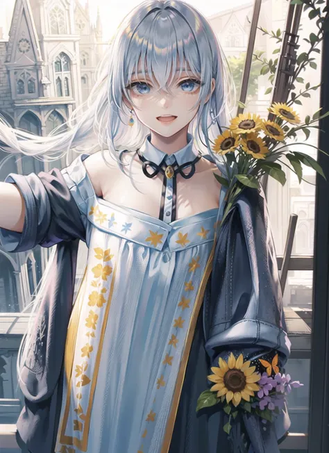 ((model shot style)),full shot body photo of the most beautiful artwork in the world,intricate elegant, (highly detailed),sharp focus,((masterpiece,best quality,detailed)), 4k,8k,higres, (solo:2),(front:2),elaina, majo no tabitabi,small breasts, white hair, ahoge, long hair, braid, daily_costume,brooch,blue eyes|detailed eyes|detailed eye texture,detailed eyes, detailed face , :D , (High Detail,High Face Detail,High eyes Detail ) , broom, town, buildings, houses, flowers, butterfly, sunshine, sunlight dapple, (natural light),((detailed)),((Mottled light and shadow,warm light ,depth of field)),