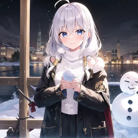((masterpiece,best quality,detailed)), 1girl, solo, elaina \(majo no tabitabi\), <lora:majoNoTabitabiElaina_v30Lowfit:0.7>, winter uniform, quinzhee, setsubun, fur-trimmed sweater, winter coat, snowman hair ornament, blizzard, night, snowflake print, black coat, snowman print, snowball