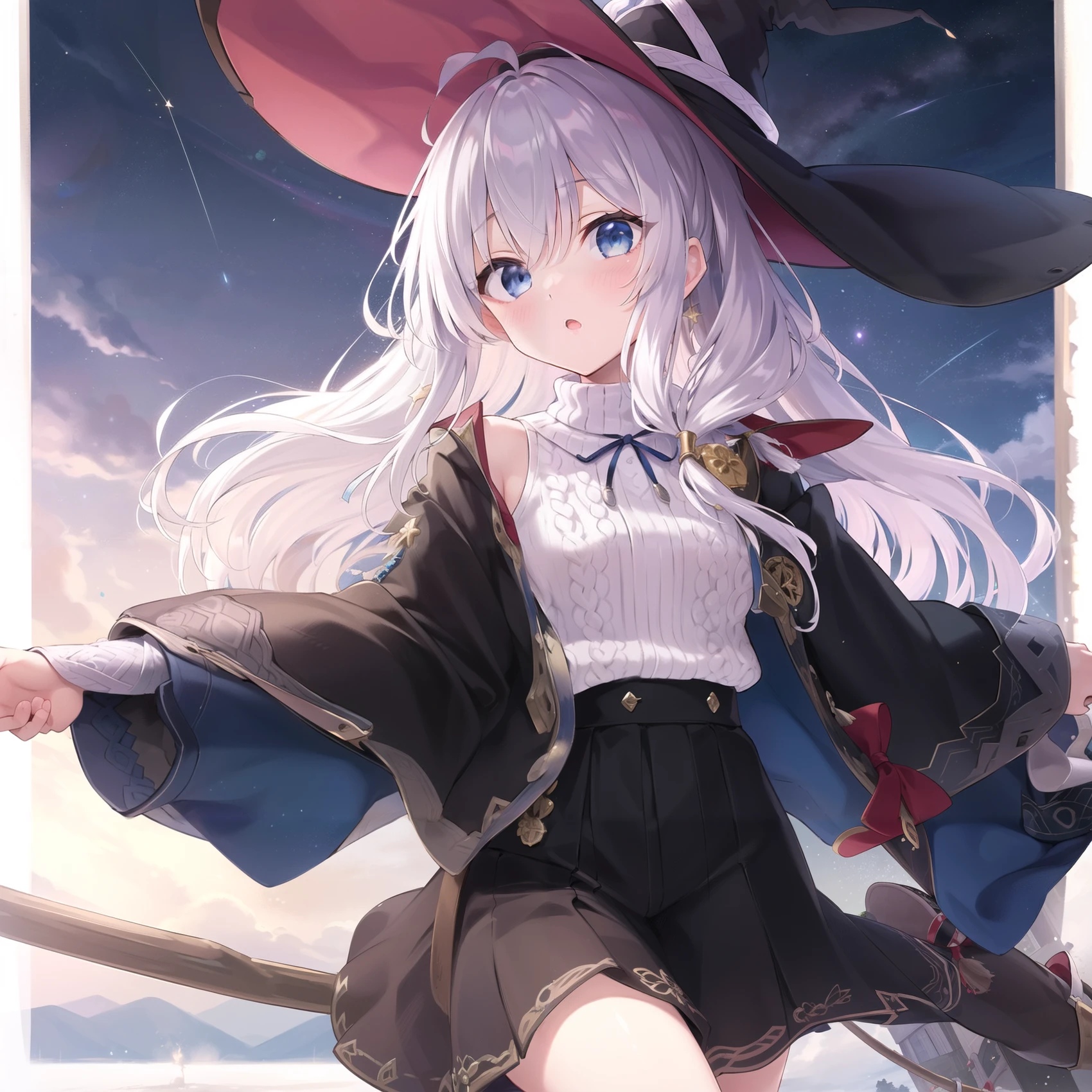 ((masterpiece,best quality,detailed)), 1girl, solo, elaina \(majo no tabitabi\), <lora:majoNoTabitabiElaina_v30Lowfit:0.7>, shirt, sweater, broom, witch hat, sky, starry sky, star \(sky\), shooting star, broom riding, :o,