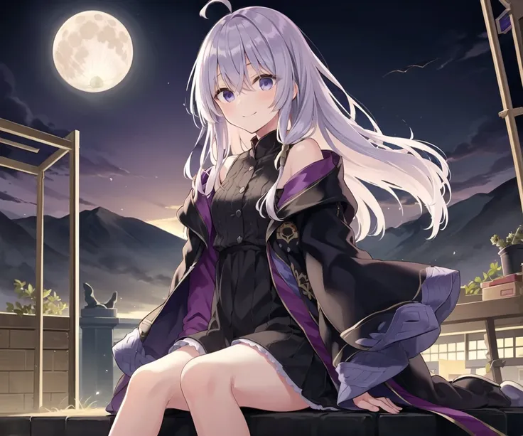 masterpiece,1girl,solo,elaina,(purple_style_costume,majo_costume:1.6),midnight,brooch,incredibly absurdres, center opening, sitting,light smile, ruins,full moon,<lora:elaina_v3:0.8>