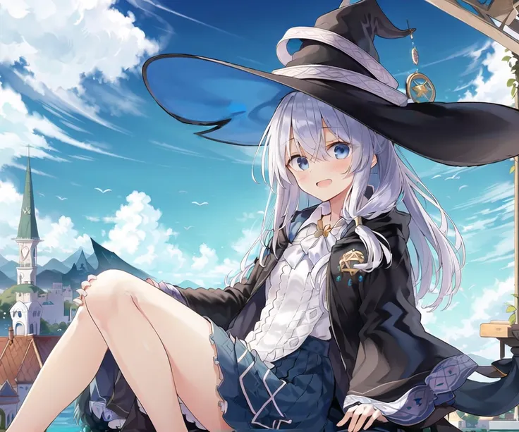 masterpiece,1girl,solo,elaina,(blue_style_costume, majo_costume, witch_hat, brooch:1.6),small_breasts,falling_feathers,aurora,open_mouth,blush,hand_on_own_face,sitting,white_dress,blue_ribbon,white_legwear,blue_sky,cloud,    <lora:elaina_v3:0.91>