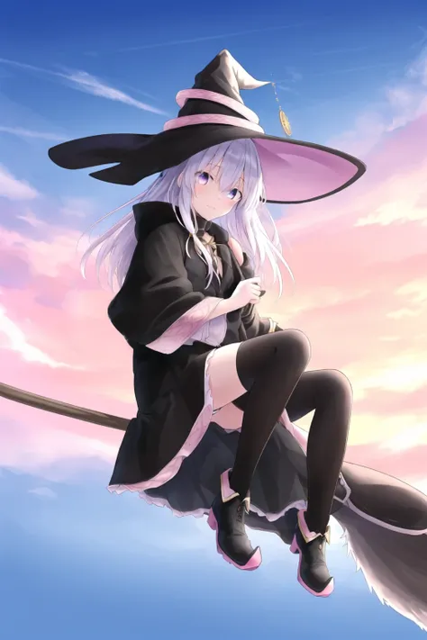 best quality, highly detailed, masterpiece, ultra-detailed,
1girl,solo,pink_style_costume,witch_hat,brooch,majo_costume,boots,cloud,sunset, solo, thighhighs, sky, cloudy_sky, looking_at_viewer,broom,<lora:elaina_v3:0.8>
