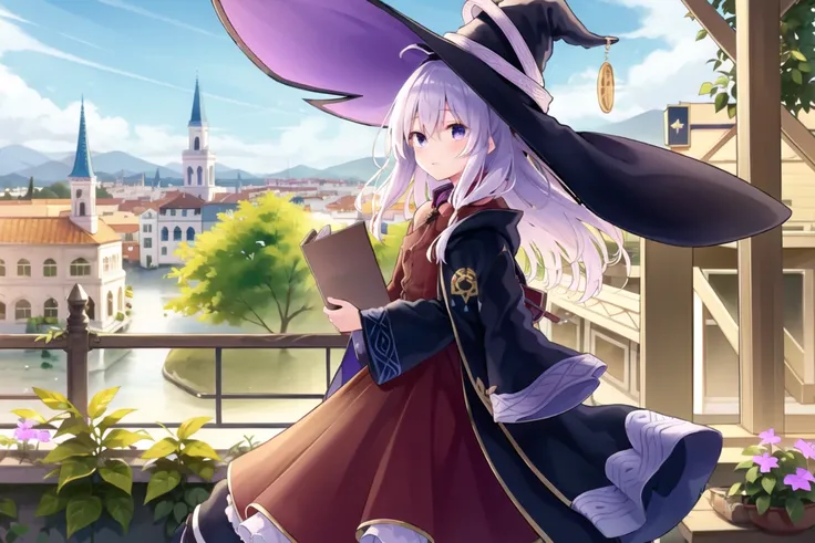 masterpiece,1girl,solo,magenta_style_costume,majo_costume,witch_hat,brooch,incredibly absurdres,cowbell,white legwear,garden,grass,all_fours ,<lora:elaina_v3:0.75>