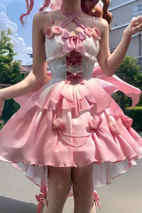 (masterpiece, best quality), 1girl, Cherry Messy Double Buns, small breasts,   <lora:sw33tr0sedr3ss:1> sw33tr0sedr3ss, dress, bow, pink dress, short dress,