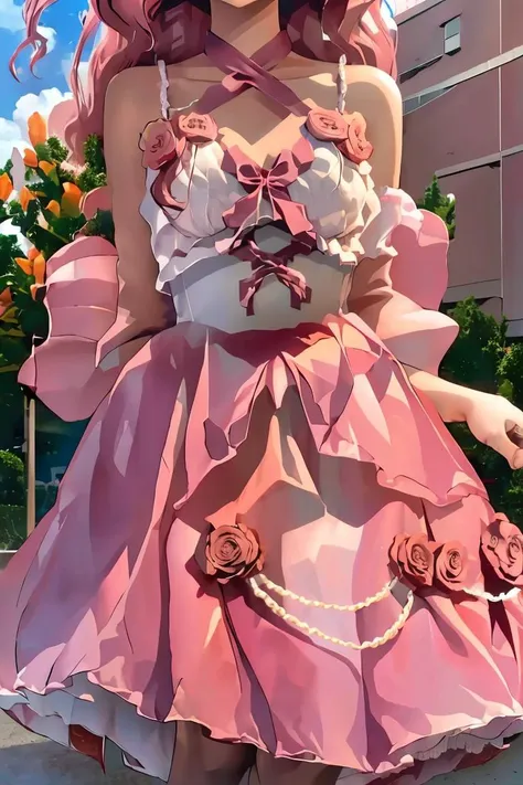 (masterpiece, best quality), 1girl, Dark Red Curly Afro with Flower Crown, small breasts,   <lora:sw33tr0sedr3ss:1> sw33tr0sedr3ss, dress, bow, pink dress, short dress,