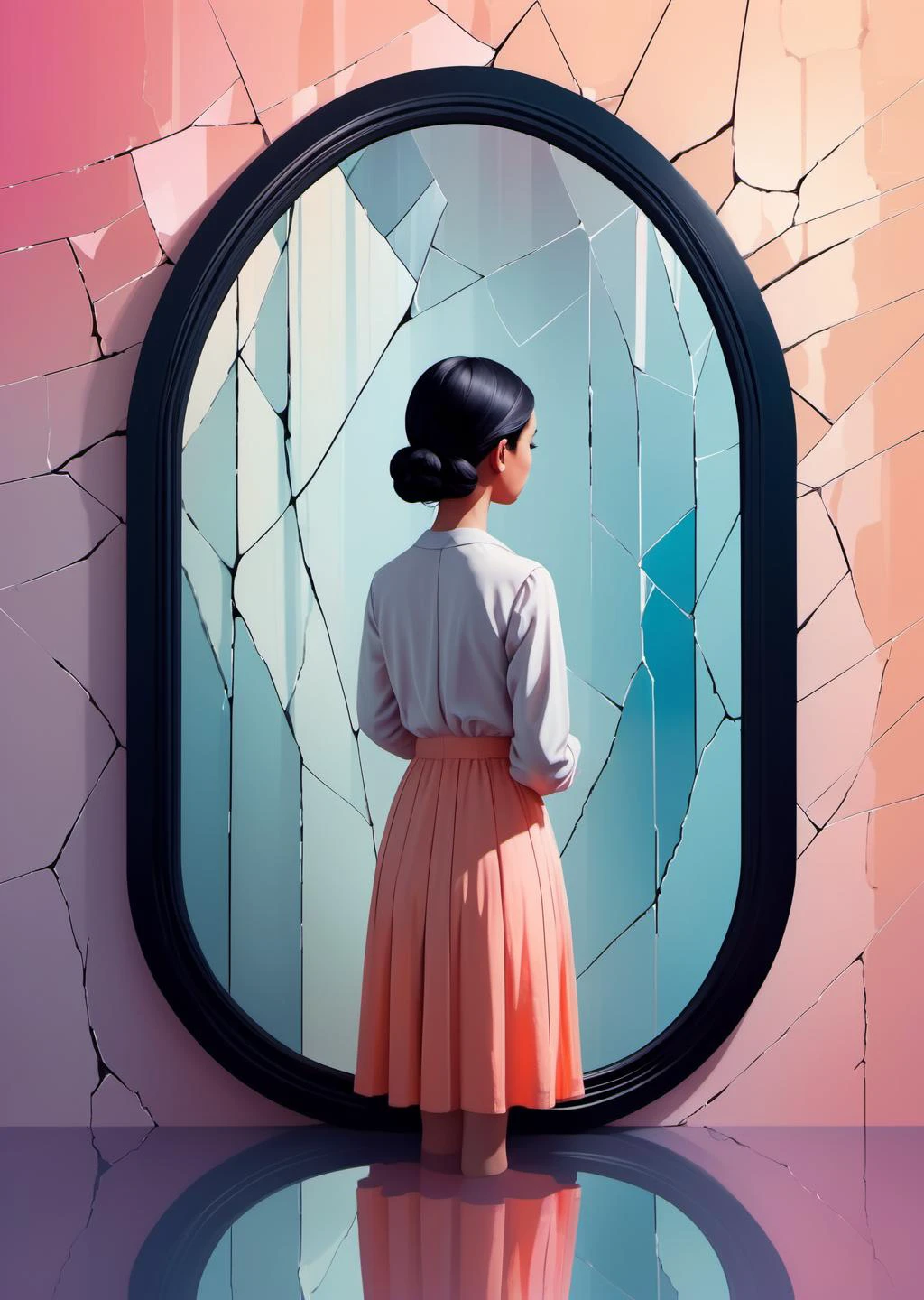 1girl looking at a cracked mirror, symmetrical, fog , mysterious,
reflections, shattered glass, surreal, intense ,
gradient color
(masterpiece, best quality, flat digital painting by Keith Negley )