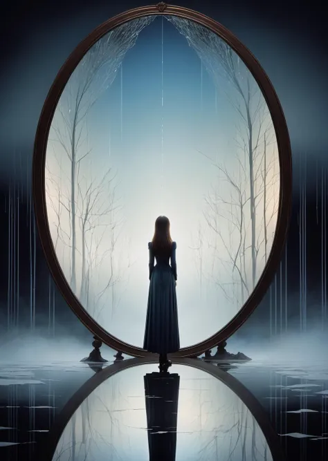 1girl , , looking at a cracked mirror, symmetrical, fog , mysterious,
reflections, shattered glass, surreal, intense ,
gradient color
(masterpiece, best quality, by Kay Nielsen)