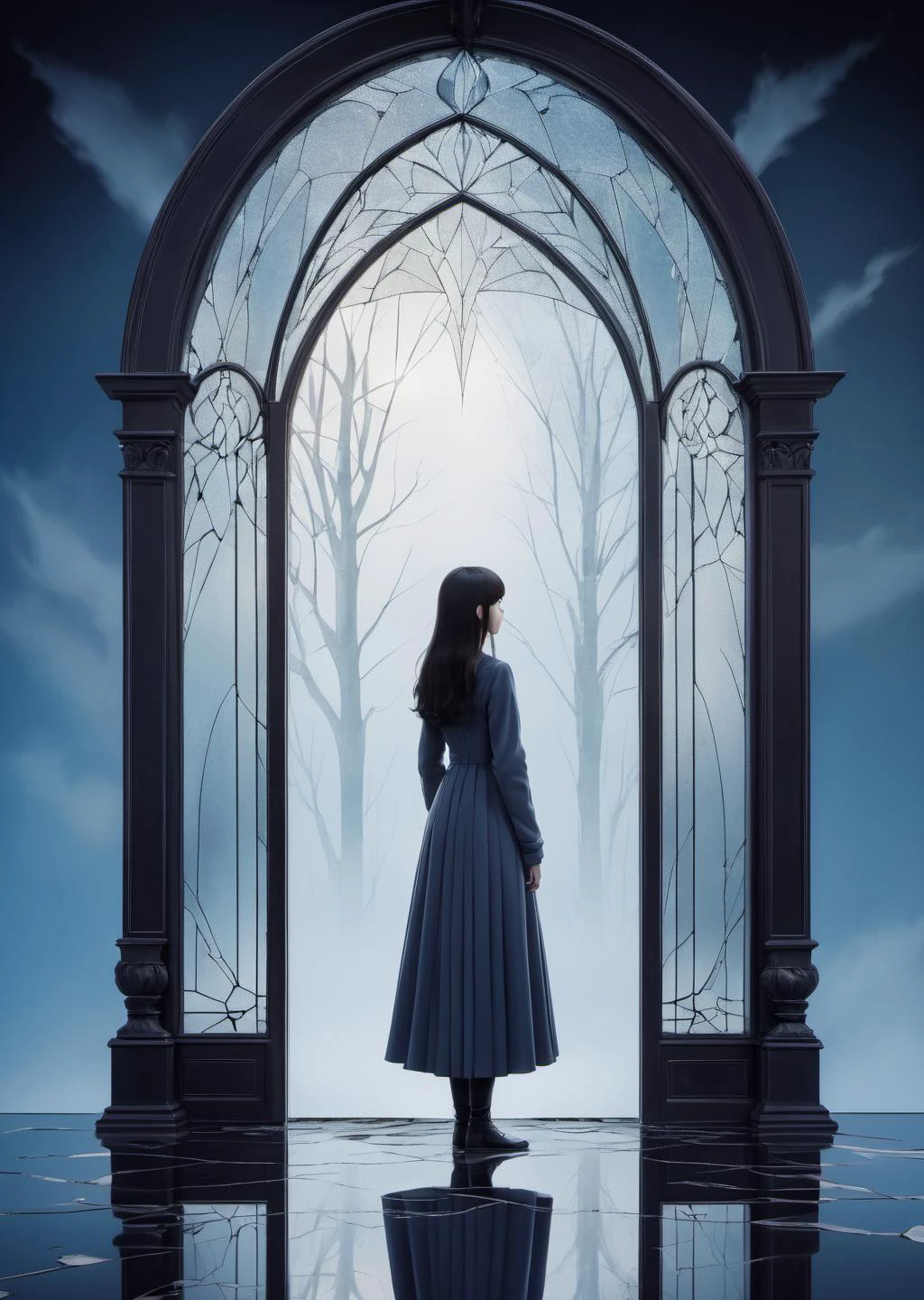 1girl , , looking at a cracked mirror, symmetrical, fog , mysterious,
reflections, shattered glass, surreal, intense ,
gradient color
(masterpiece, best quality, by Kay Nielsen)