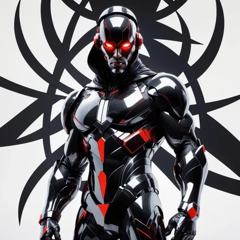 cyborg man, cultist, darkness, death, black, crazy (dynamic pose,, conceptual, contemporary, digital, geometric, minimalism) ( by Tristan Eaton )