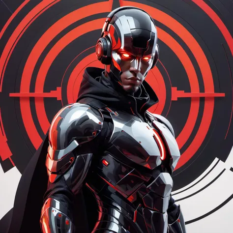 cyborg man, cultist, darkness, death, black, crazy (dynamic pose,, conceptual, contemporary, digital, geometric, minimalism) ( by Tristan Eaton )