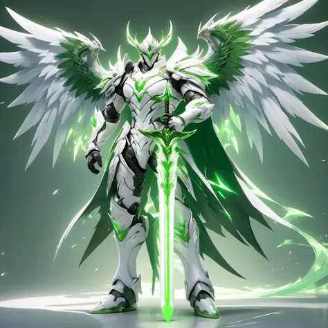 full body shot of 1man,male,solo,wearing white armor,holding green weapon infront of him,holding green sword,white wings,simple glowing background,HD,masterpiece,best quality,hyper detailed,ultra detailed,<lora:XLKnightV1:0.8>,