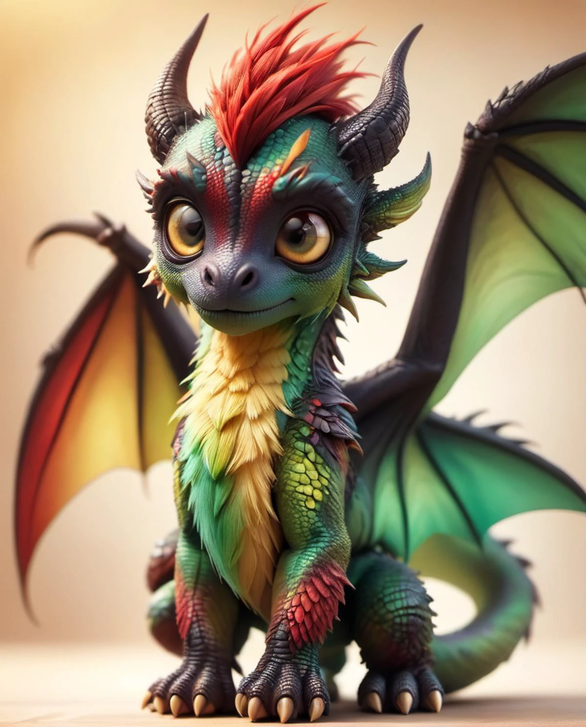 zhibi, an adorable and fluffy dragon with big color eyes, with soft feathers and wings, monster in pokemon style, "Monster", Cute, Colorful red green gradient fur, giant yellow cute beatiful detailed chibi eyes, cutie, eye contact, 8k, hdr, RAW, hyperrealistic, extremely detailed, sharp focus , natural lighting, detailed fur <lora:zhibi:1>