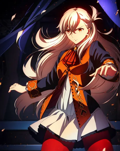 1girl, masterpiece, best quality, highquality, OLGA_MARIE, WHITE_HAIR, ORANGE_EYES, LONG HAIR, hair between eyes, long sleeves, jacket, red ascot, dress, skirt, pantyhose, very long hair, cowboy shot, detailed_face, dynamic_angle, dynamic_pose, <lora:Olga_Marie-10:1>
UFOTABLE STYLE, ANIME COLORING, ANIME SCREENCAP, ( <lora:ufotableFateSeriesStyle_ufussyv2:1>:0.9)