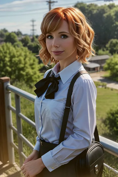 photo of beautiful (EPK4r1Byr0n:0.99), 1girl, black bag, black bow, black bowtie, blue sky, bow, bowtie, closed mouth, collared shirt, day, eyelashes, from side, hair ornament, hairclip, highres, instrument case, light frown, long sleeves, looking at viewer, motion blur, outdoors, power lines, railing, shirt, short hair, sky, solo, train, upper body, white shirt,