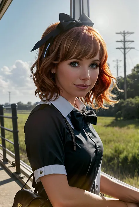 photo of beautiful (EPK4r1Byr0n:0.99), 1girl, black bag, black bow, black bowtie, blue sky, bow, bowtie, closed mouth, collared shirt, day, eyelashes, from side, hair ornament, hairclip, highres, instrument case, light frown, long sleeves, looking at viewer, motion blur, outdoors, power lines, railing, shirt, short hair, sky, solo, train, upper body, white shirt,