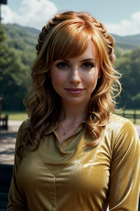 beautiful woman (EPK4r1Byr0n:.99), (tattoos:1.2), a woman with perfect hair, hair upsweep updo, wearing (yellow Velvet Blouse :1.1), (plain blue beautiful scenery, park[::1], windy :1.1), modelshoot style, (extremely detailed CG unity 8k wallpaper), professional majestic photography, (smile), ((upper body)), (camera), 24mm, exposure blend, hdr, faded, extremely intricate, High (Detail:1.1), Sharp focus, dramatic, soft cinematic light, (upper body), (looking at viewer), (detailed pupils), 4k textures, soft cinematic light, adobe lightroom, photolab, elegant, ((((cinematic look)))), soothing tones, insane details, hyperdetailed, low contrast("I've got a bad feeling about this.":1.1), ("In Jernau we trust!":1.1),